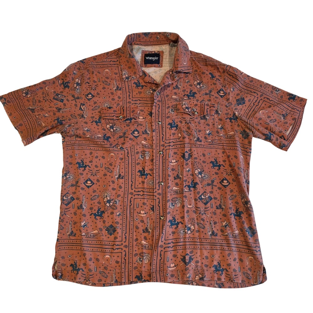 Wrangler Western Bandana Print Pearl Snap Shirt Mens L Terracotta Camp Collar